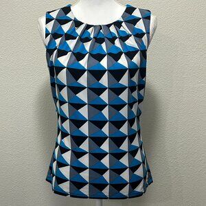 Calvin Klein blue multi color sleeveless blouse, pleated neckline, small